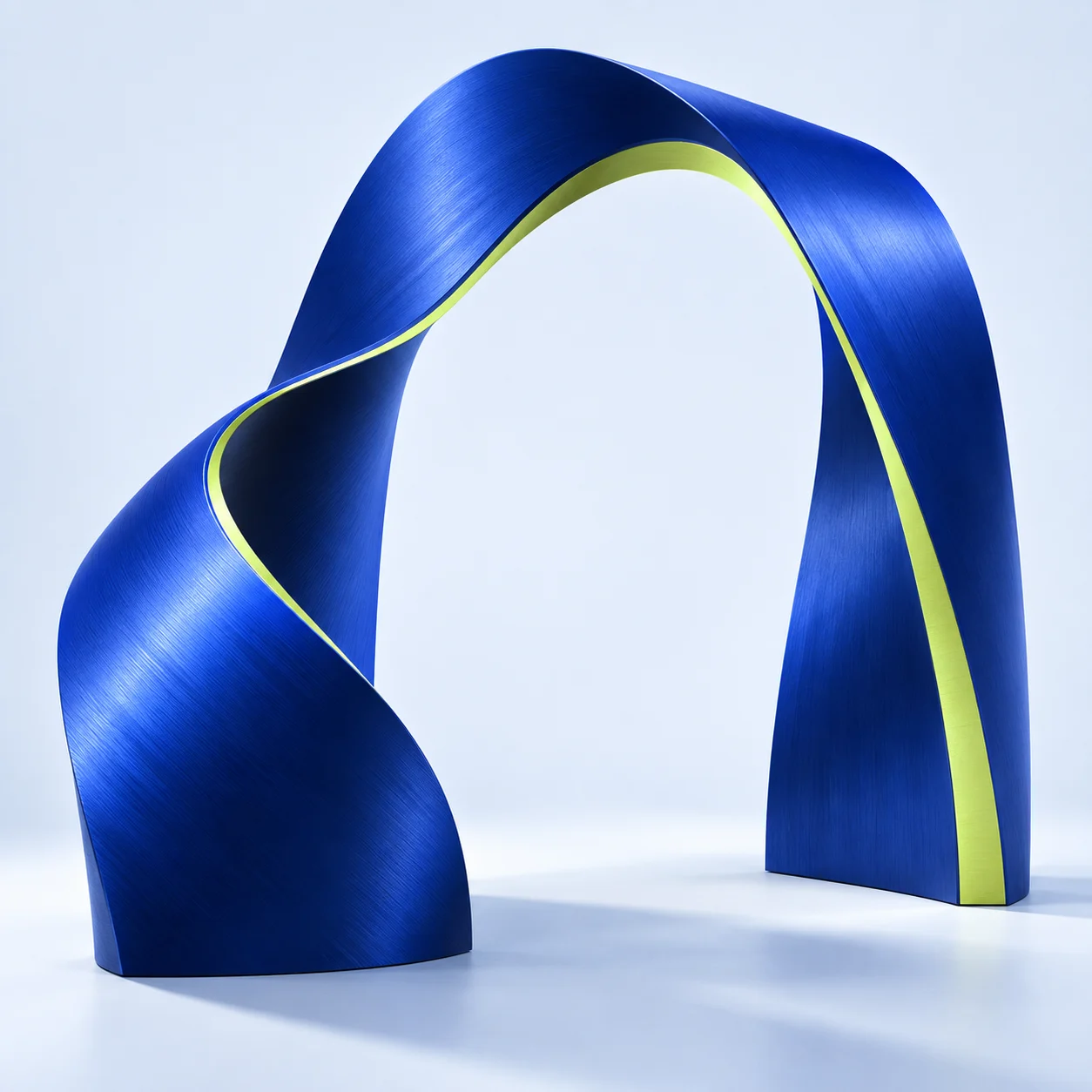 A sculptural cobalt ribbon forming an open gateway