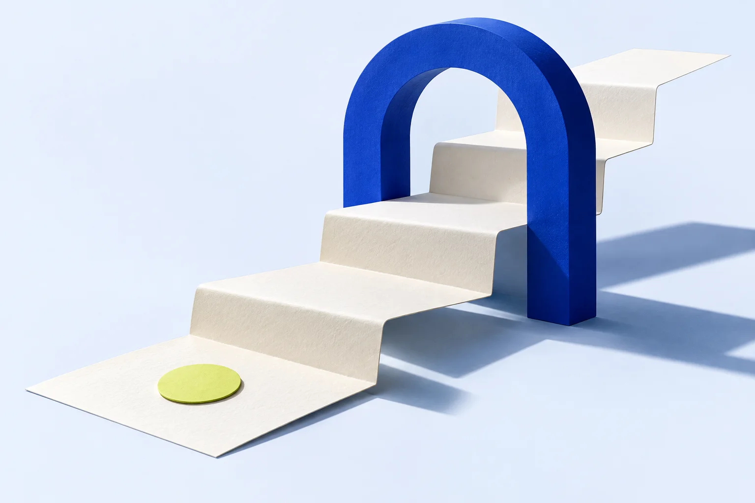 A folded paper pathway through a cobalt arch