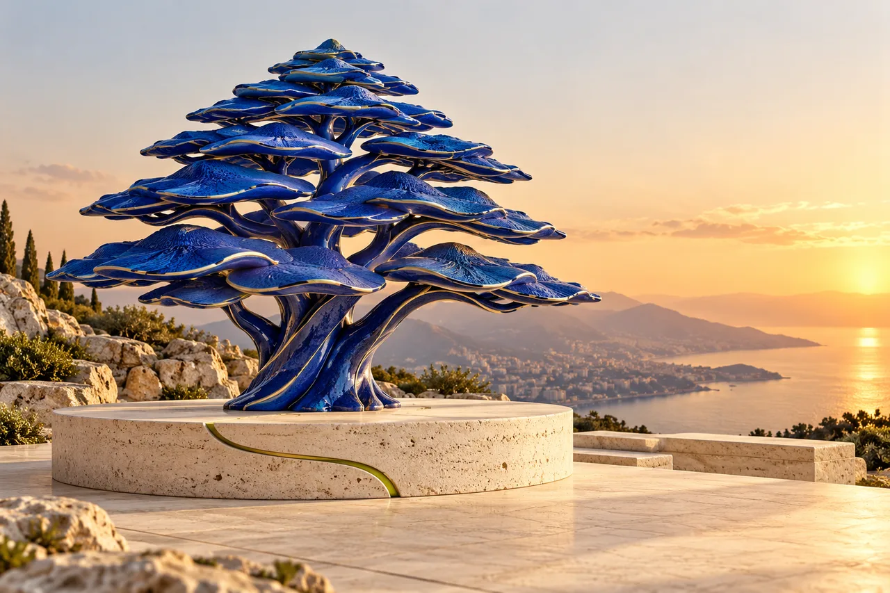 Sculptural blue cedar on a limestone plinth