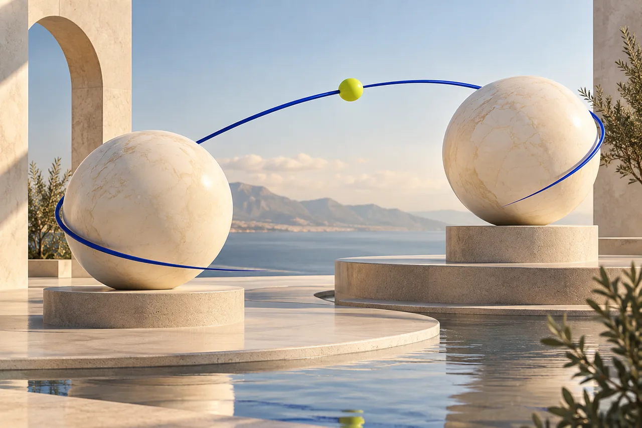 Two ivory globes joined by a blue arc