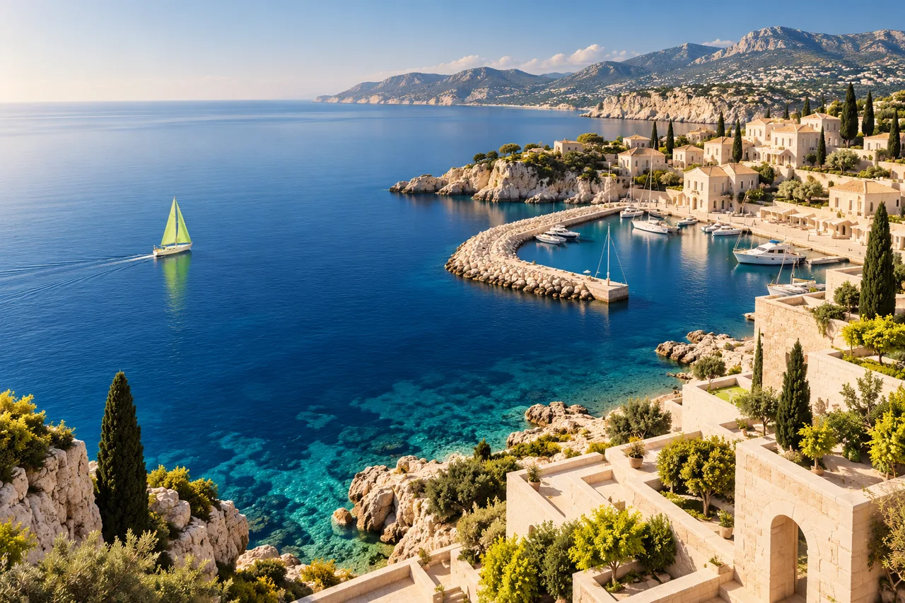 Imagined ivory Mediterranean harbour and cobalt sea