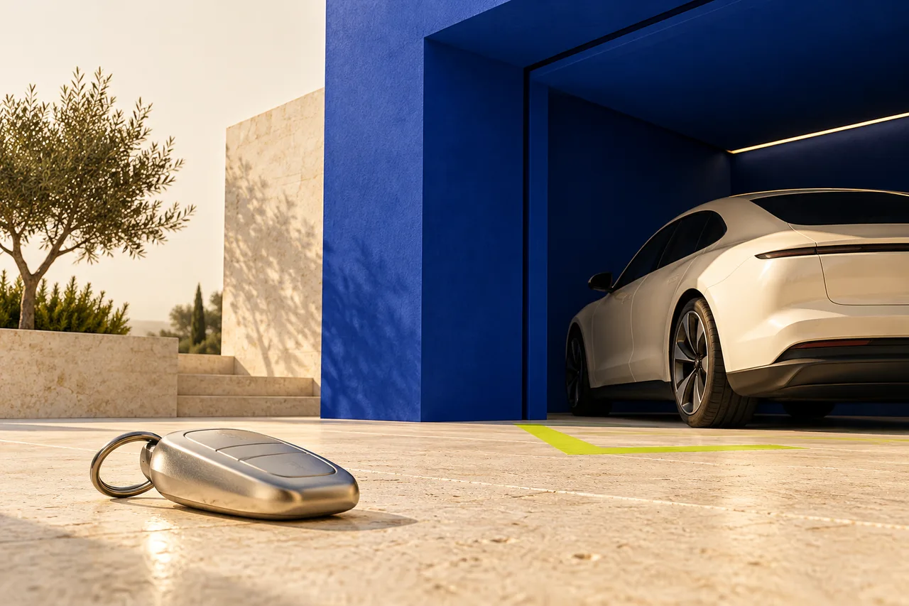 Ivory car in a blue garage with a silver key