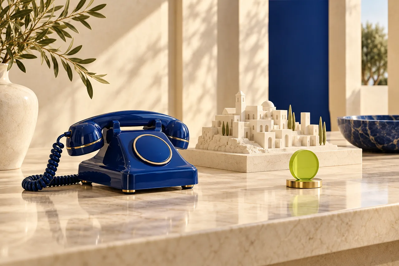 Blue telephone beside a miniature coastal town