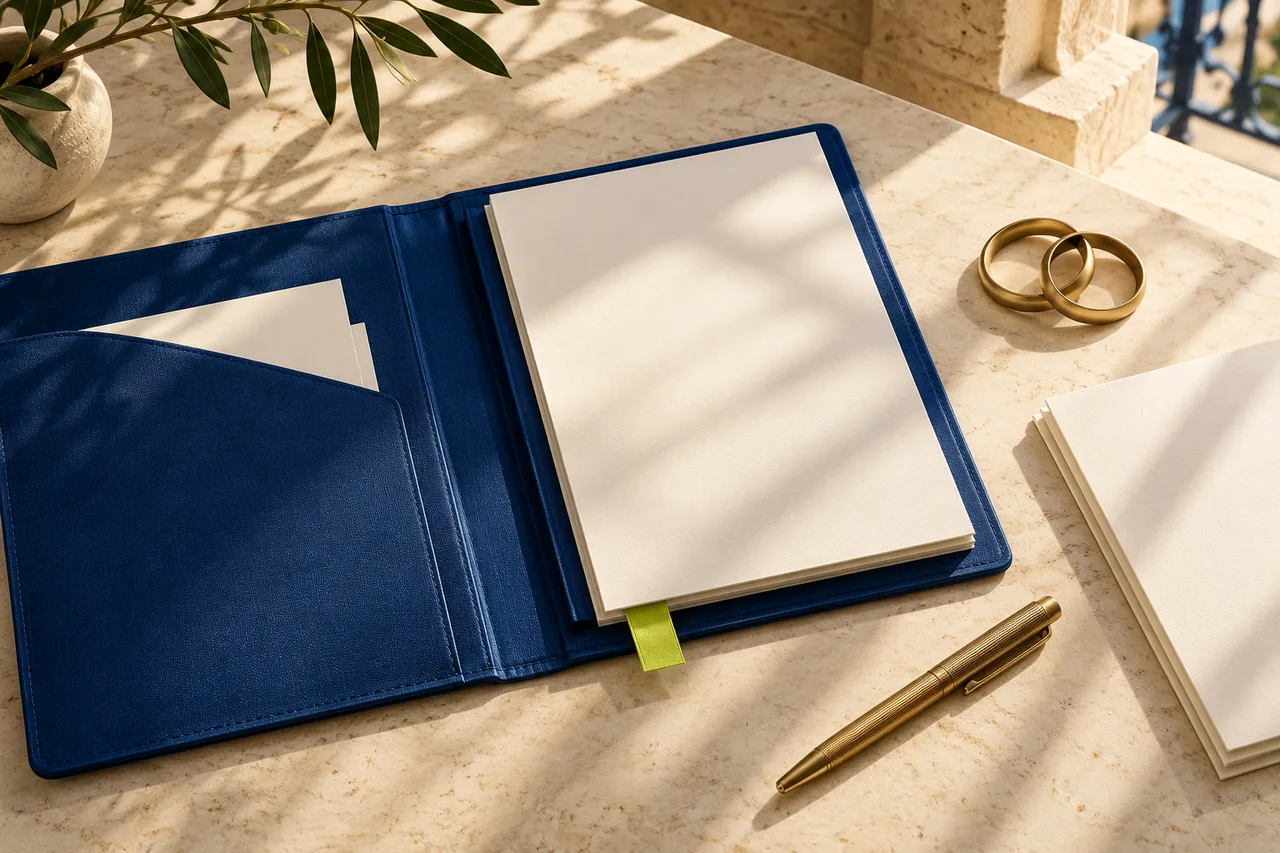 Blue legal folio, blank pages and brass rings