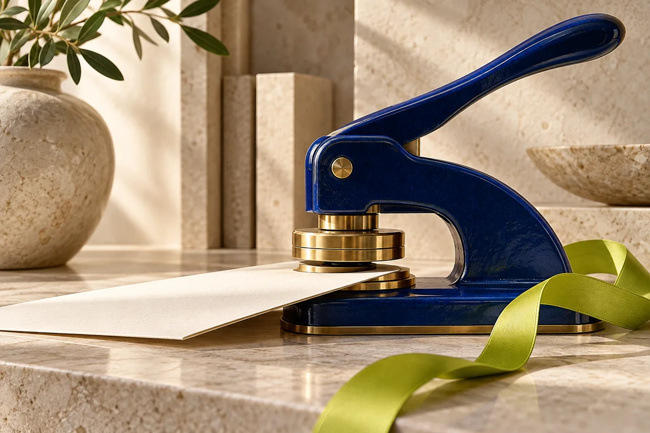 Blue embossing press with ivory paper
