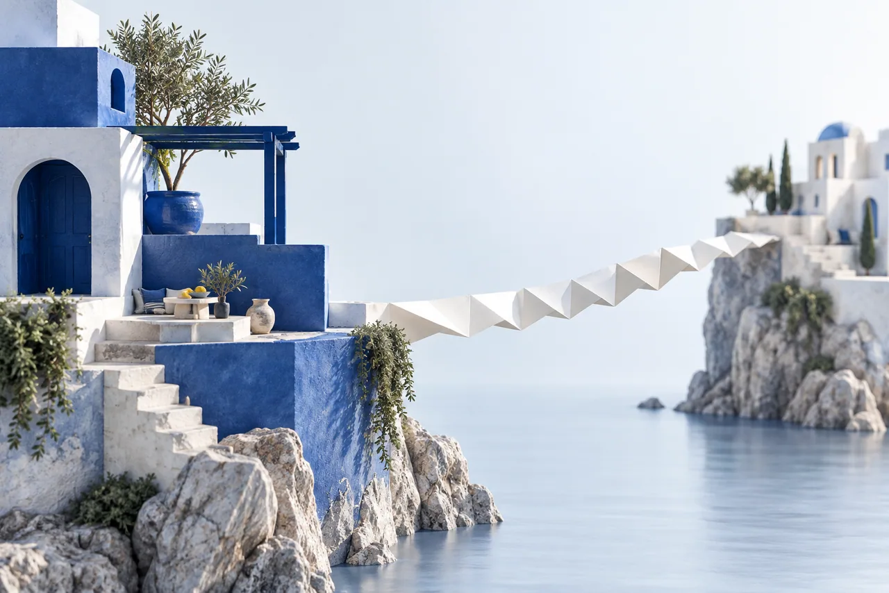 An imagined coastal landscape connected by a folded paper bridge