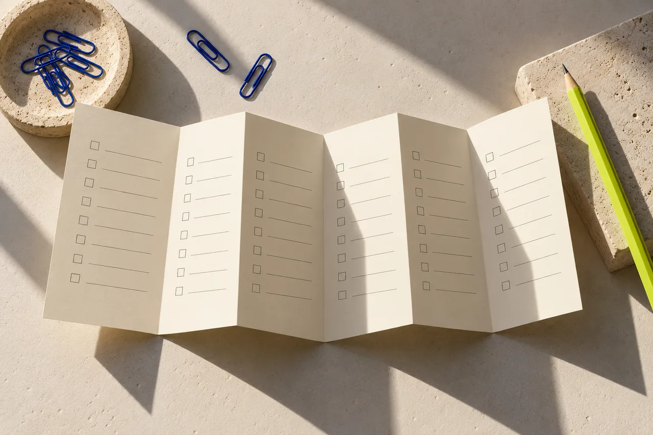Folded checklist, blue clips and lime pencil